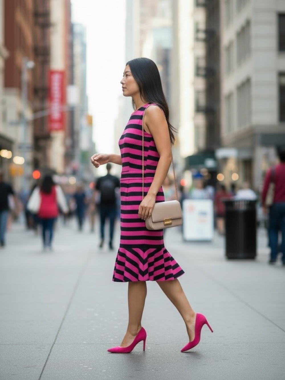 Banana Republic Hot Pink and Black Striped Sleeveless Midi Dress with Ruffle Hem